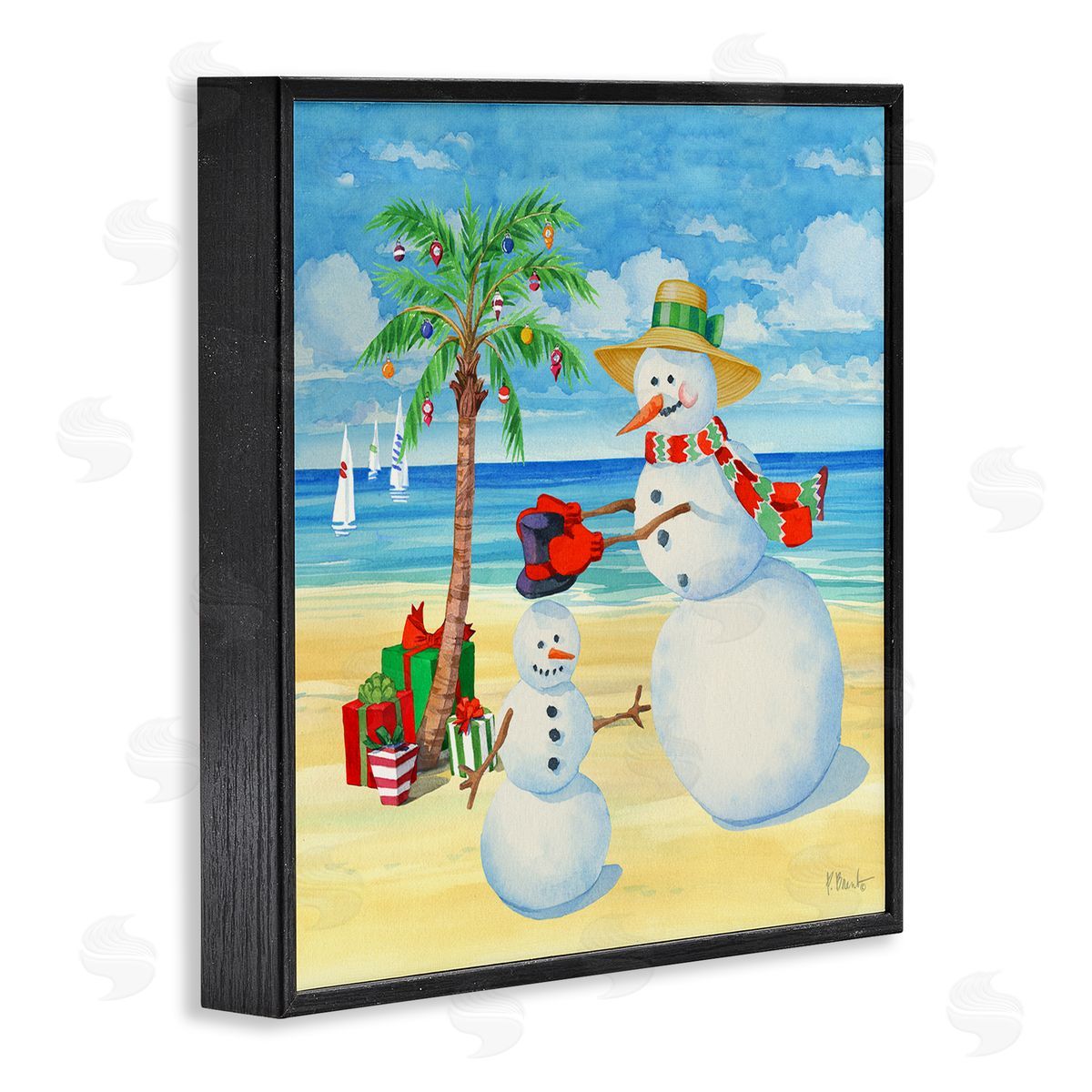 Paul Brent Festive Snowman Beach Black Framed Glicee Wall Art Print