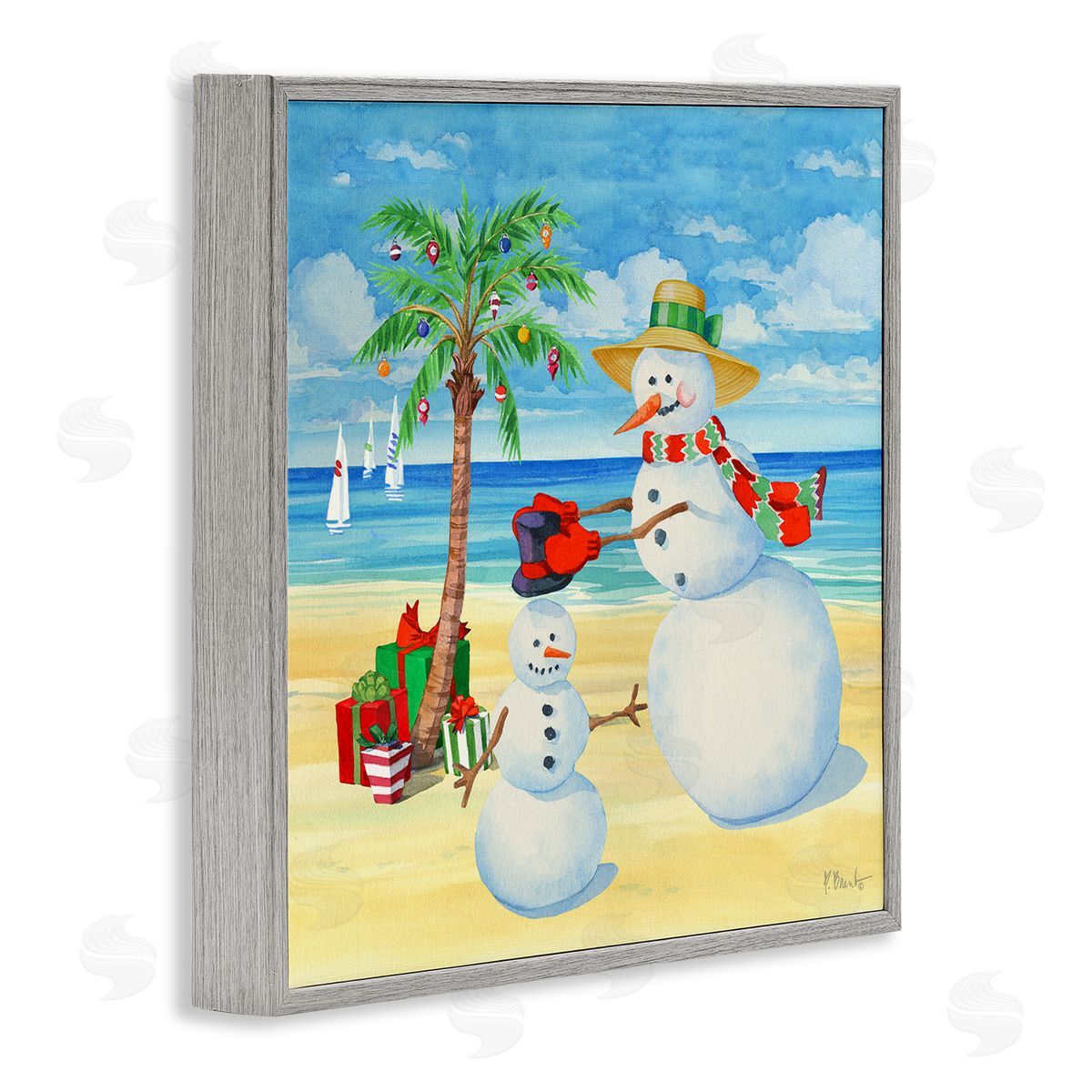 Paul Brent Festive Snowman Beach Gray Framed Glicee Wall Art Print