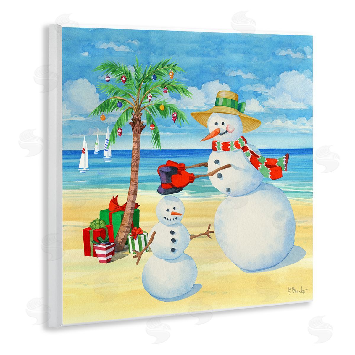 Paul Brent Festive Snowman Beach Wooden Wall Plaque Art Print