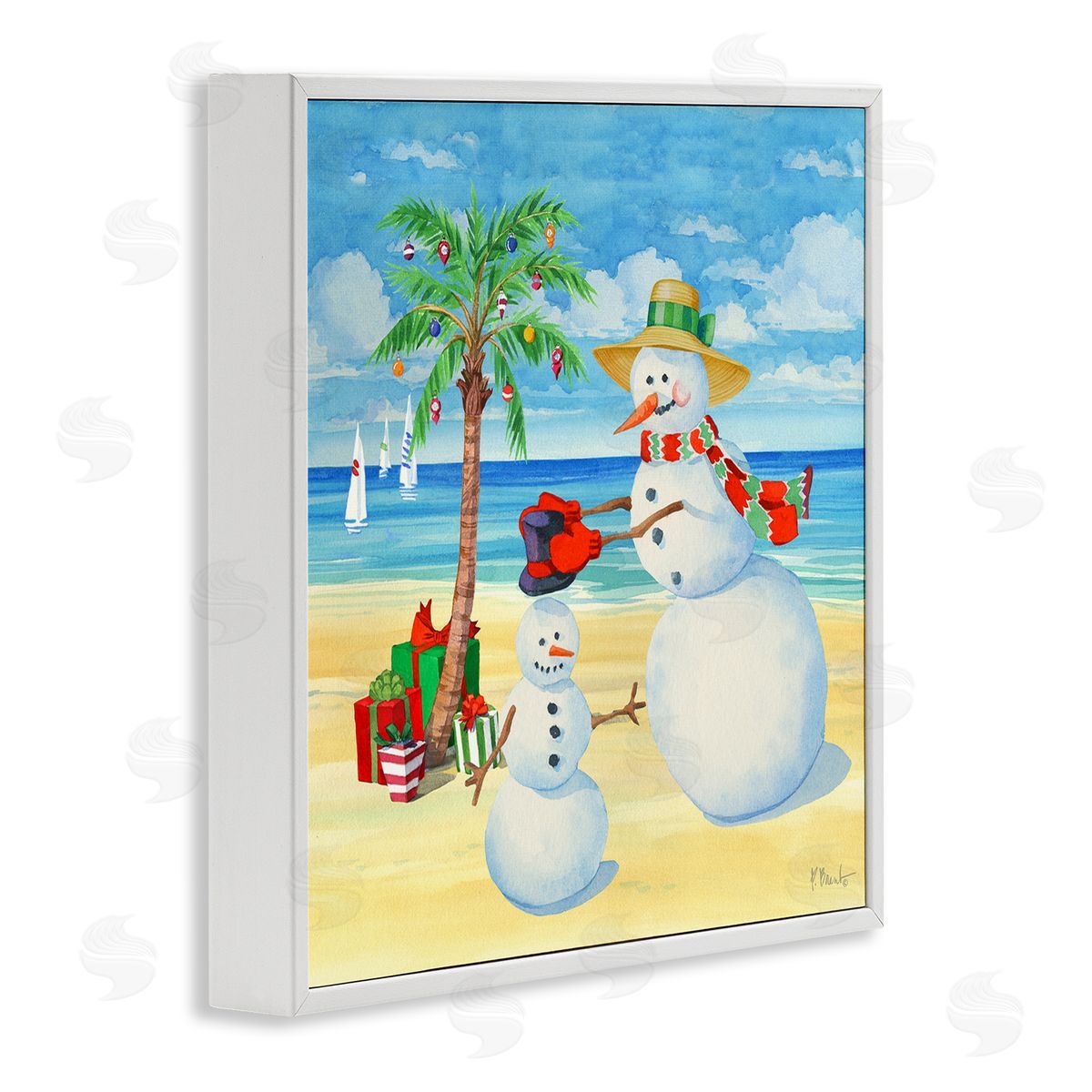 Paul Brent Festive Snowman Beach White Framed Glicee Wall Art Print