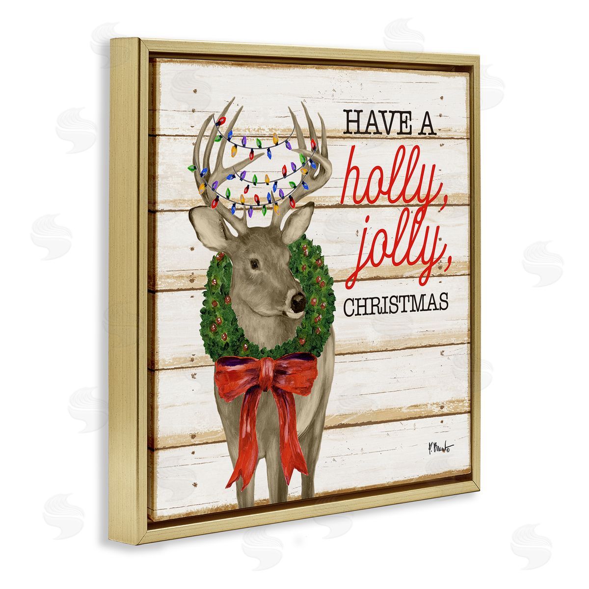 Paul Brent Holly Jolly Christmas Deer Gold Floating Frame Canvas Wall Art Print
