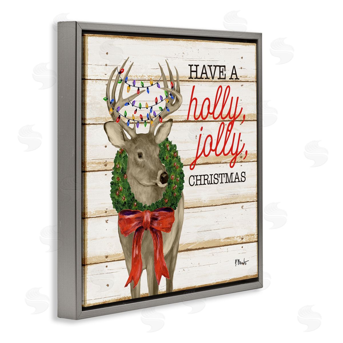 Paul Brent Holly Jolly Christmas Deer Gray Floating Frame Canvas Wall Art Print