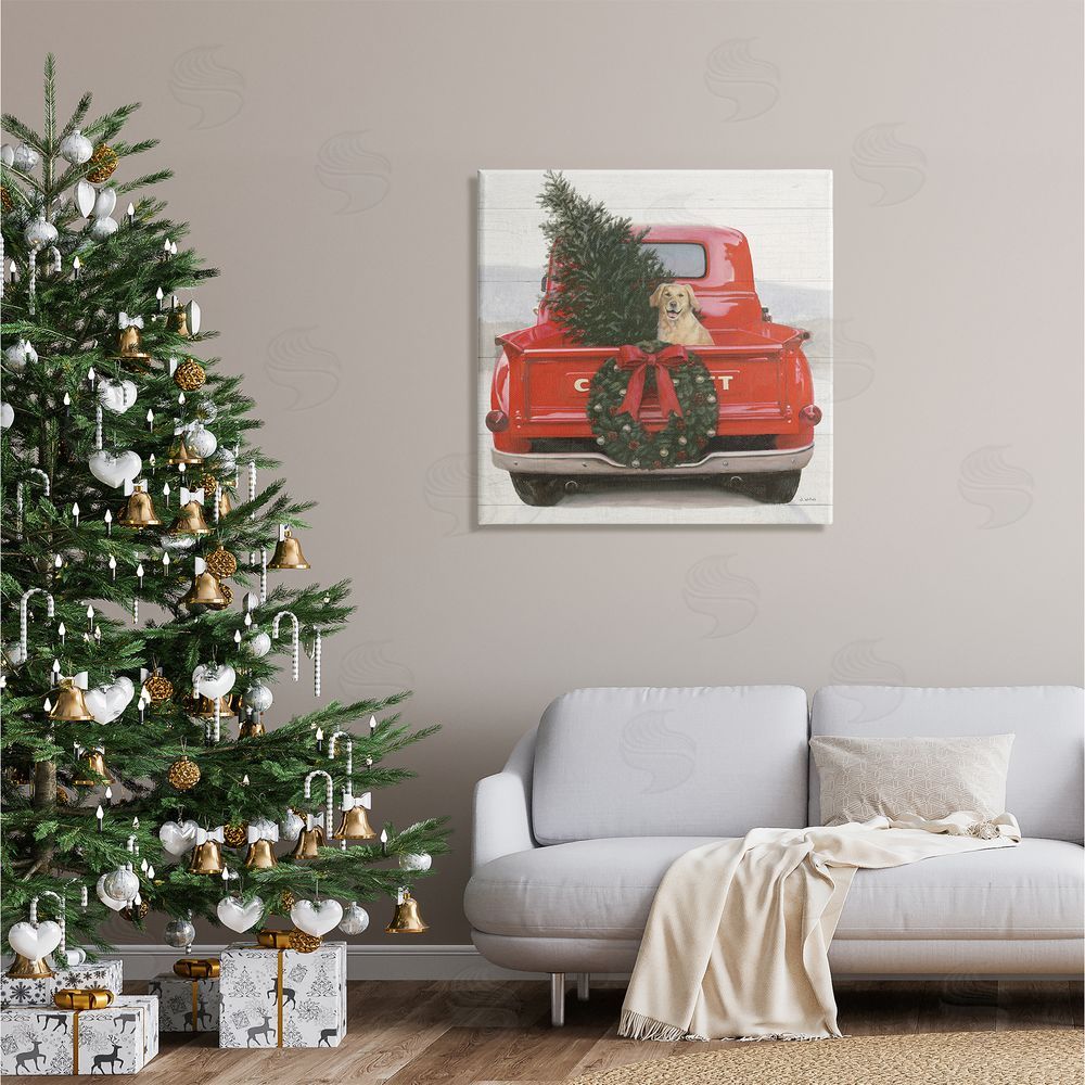 James Wiens Festive Dog in Truck Canvas Wall Art in Room