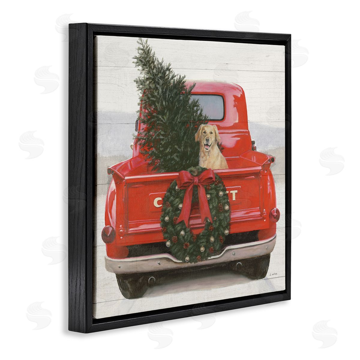 James Wiens Festive Dog in Truck Black Floating Frame Canvas Wall Art Print