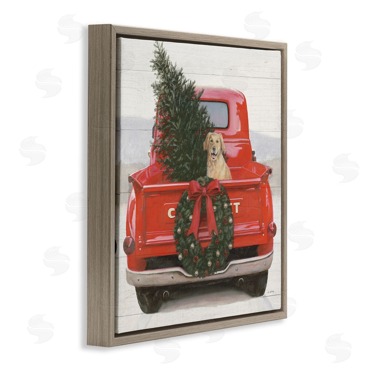 James Wiens Festive Dog in Truck Brown Floating Frame Canvas Wall Art Print