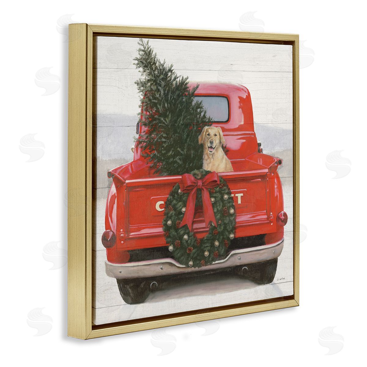 James Wiens Festive Dog in Truck Gold Floating Frame Canvas Wall Art Print