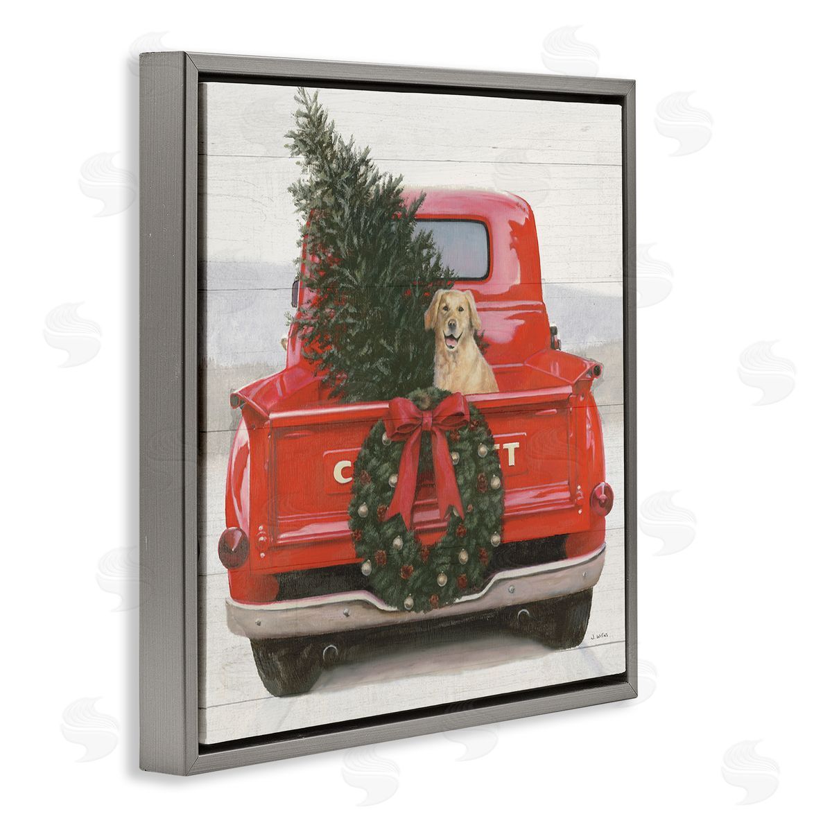 James Wiens Festive Dog in Truck Gray Floating Frame Canvas Wall Art Print