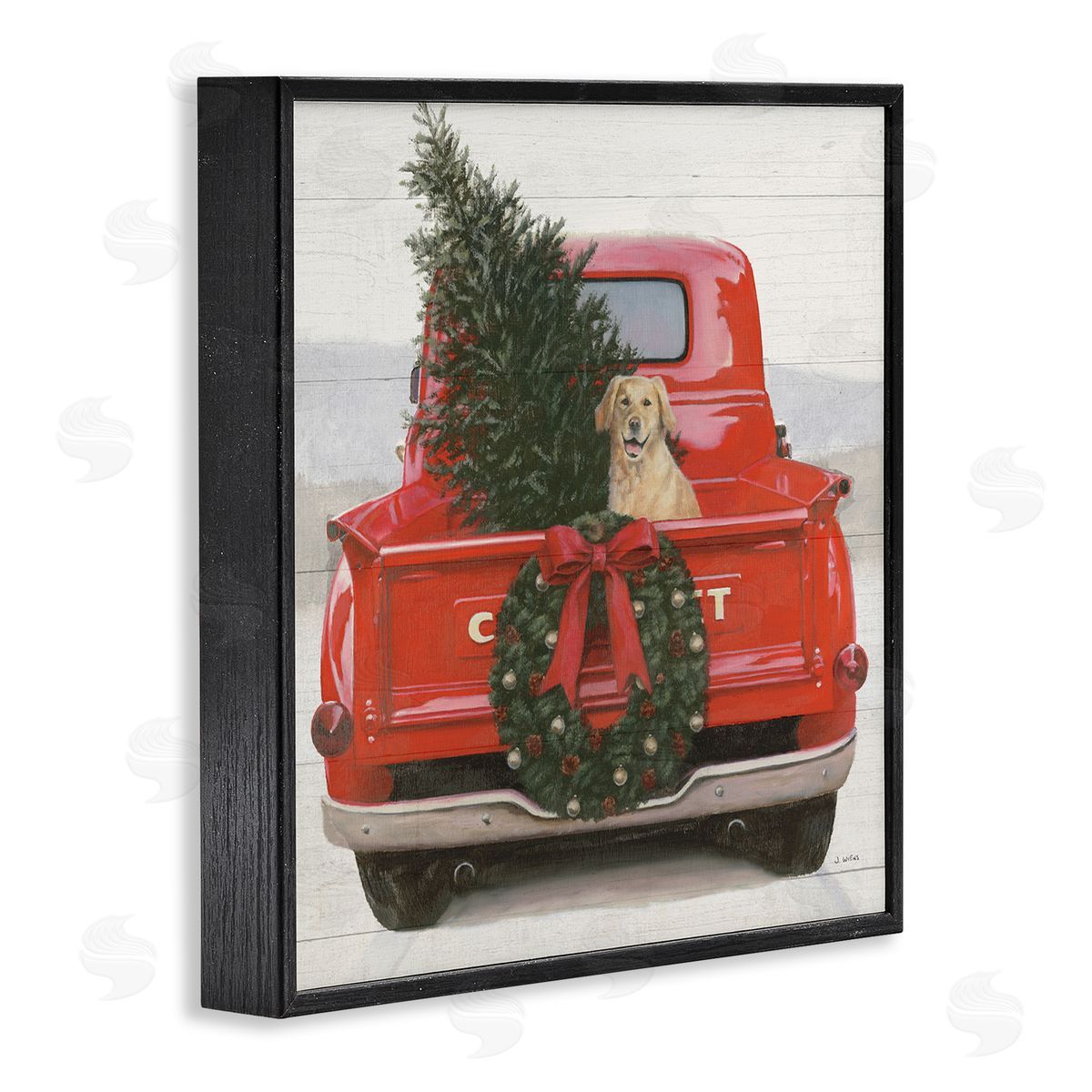 James Wiens Festive Dog in Truck Black Framed Glicee Wall Art Print