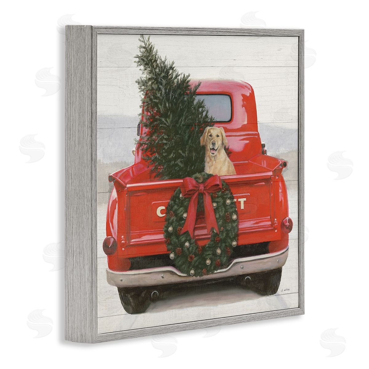 James Wiens Festive Dog in Truck Gray Framed Glicee Wall Art Print