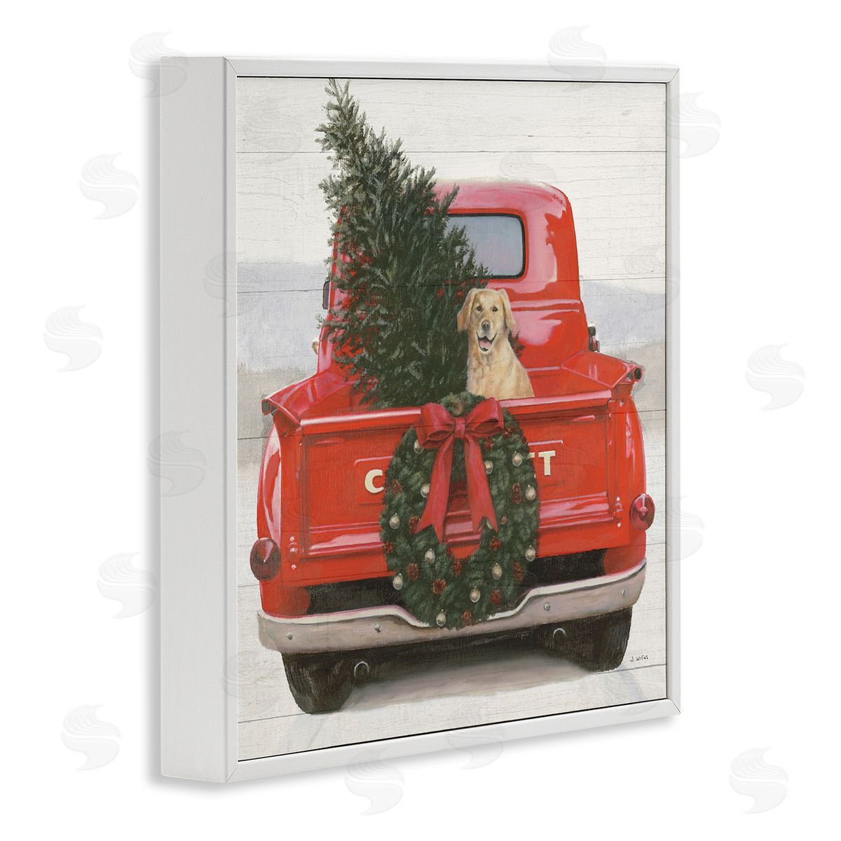 James Wiens Festive Dog in Truck White Framed Glicee Wall Art Print