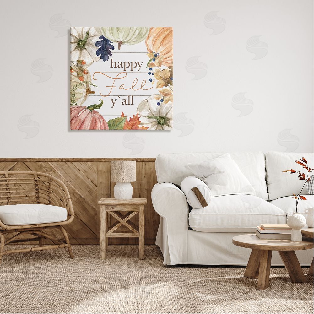 Carol Robinson Happy Fall Y'all Phrase Canvas Wall Art in Room