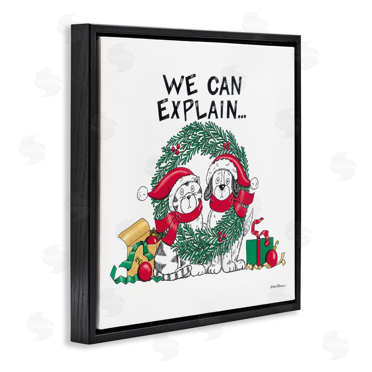 Deb Strain Cat & Dog Christmas Humor Black Floating Frame Canvas Wall Art Print