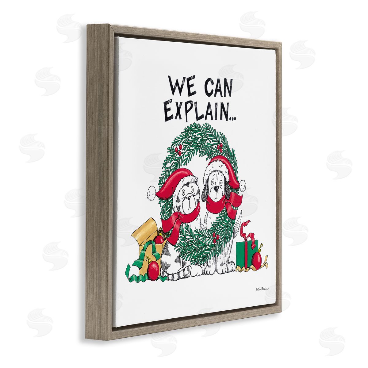 Deb Strain Cat & Dog Christmas Humor Brown Floating Frame Canvas Wall Art Print