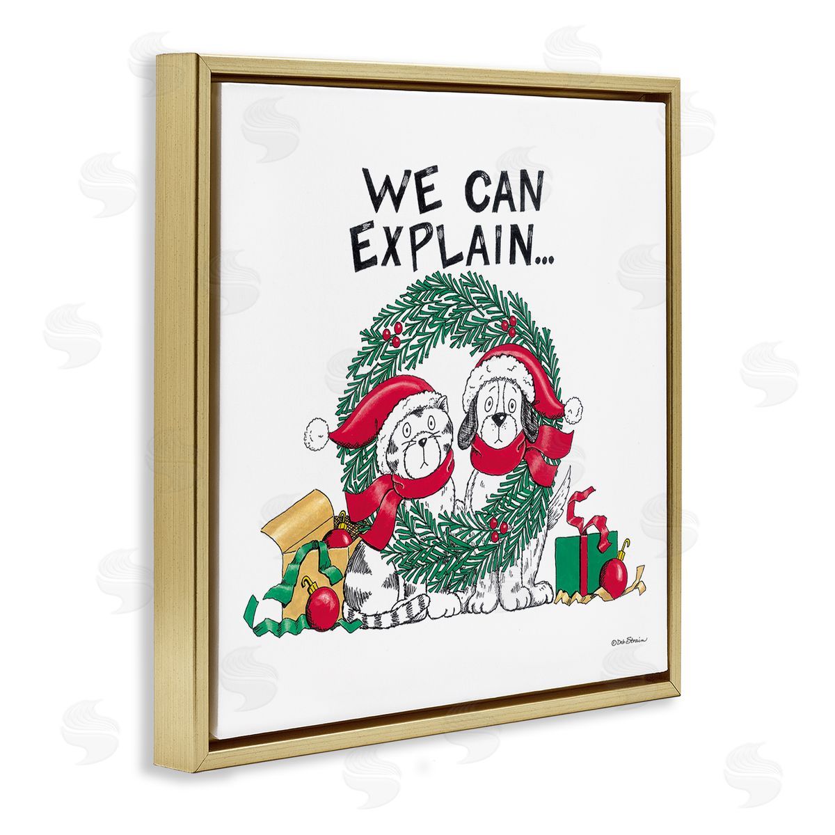 Deb Strain Cat & Dog Christmas Humor Gold Floating Frame Canvas Wall Art Print