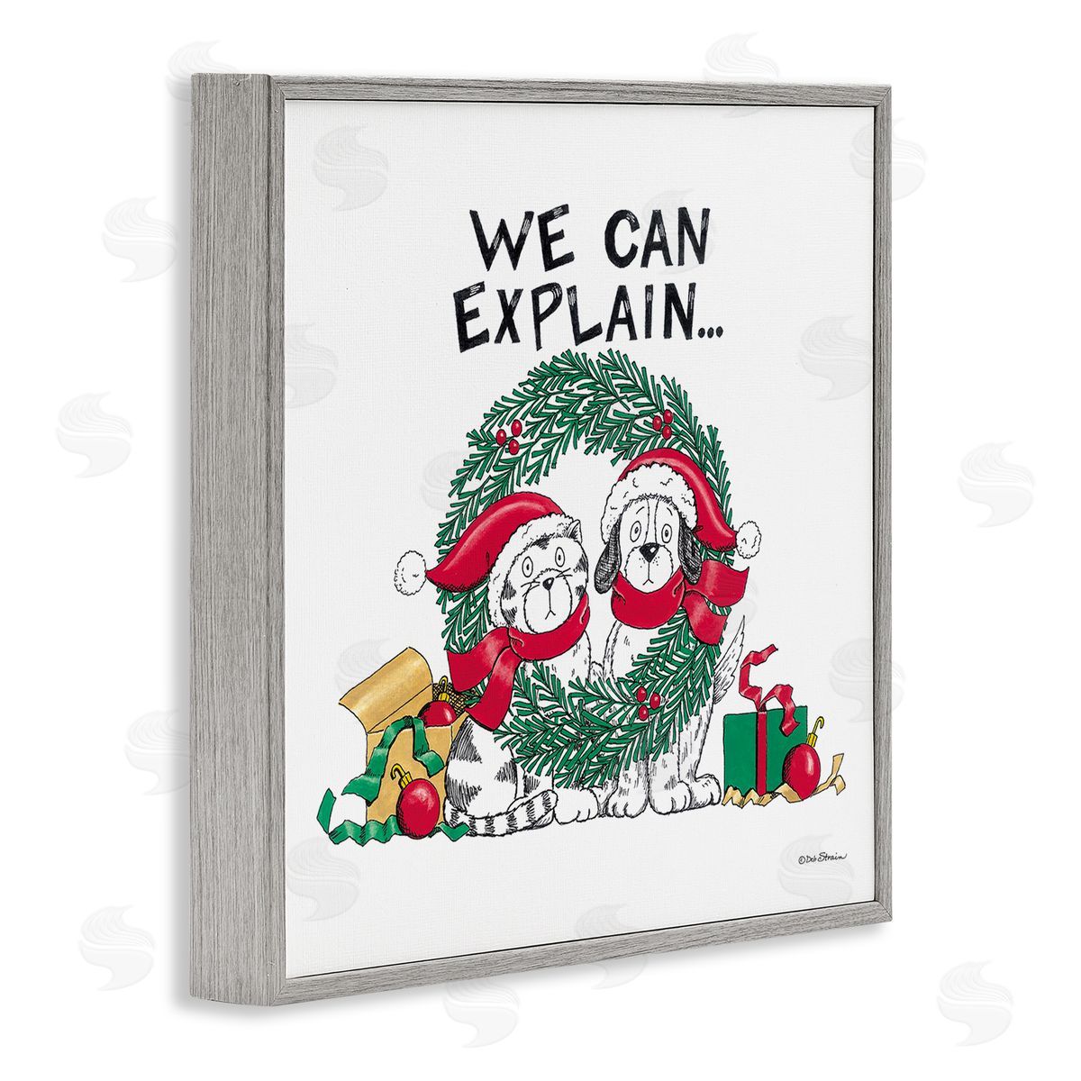 Deb Strain Cat & Dog Christmas Humor Gray Framed Glicee Wall Art Print