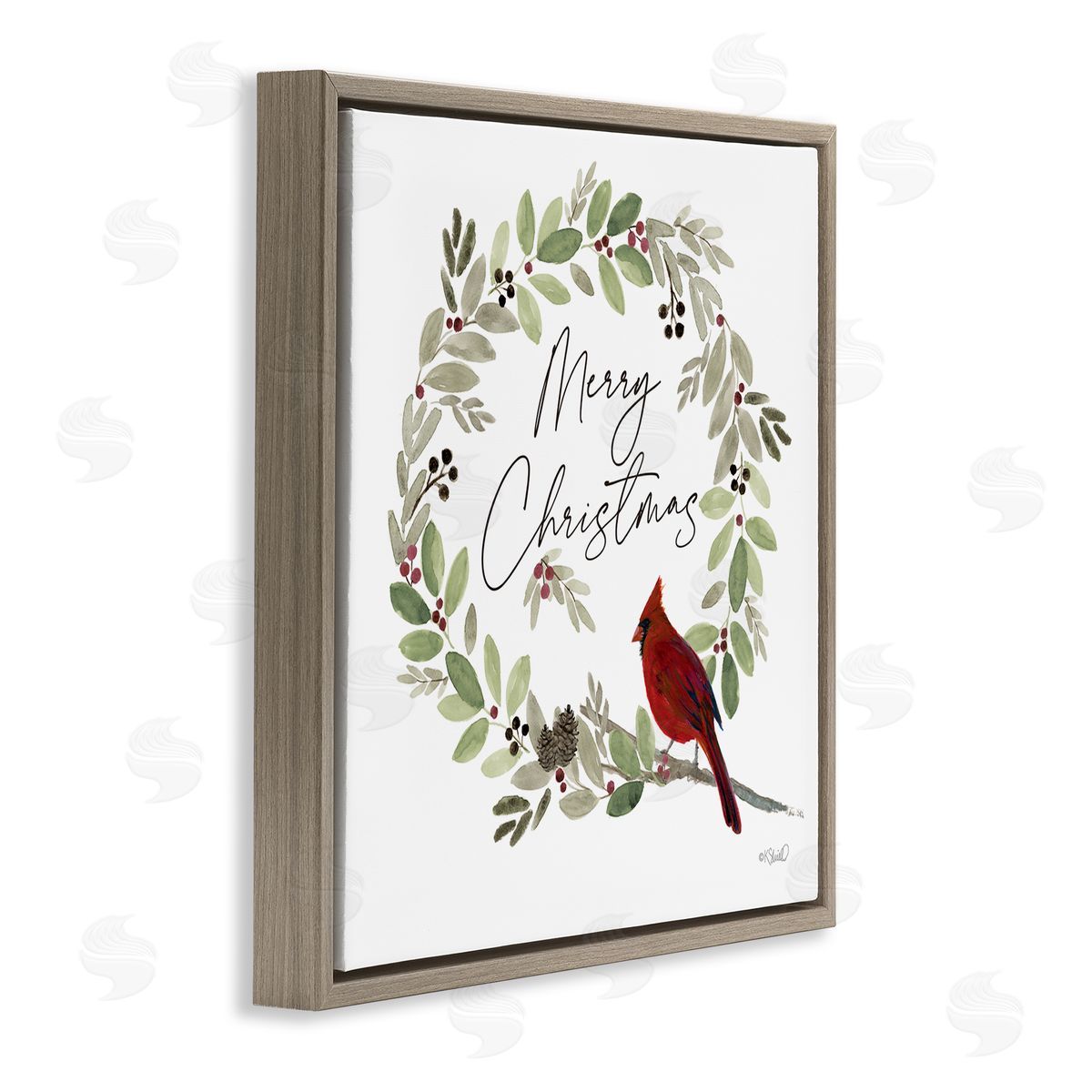 Kate Sherrill Merry Christmas Cardinal Brown Floating Frame Canvas Wall Art Print