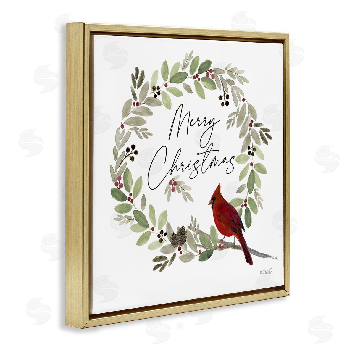 Kate Sherrill Merry Christmas Cardinal Gold Floating Frame Canvas Wall Art Print