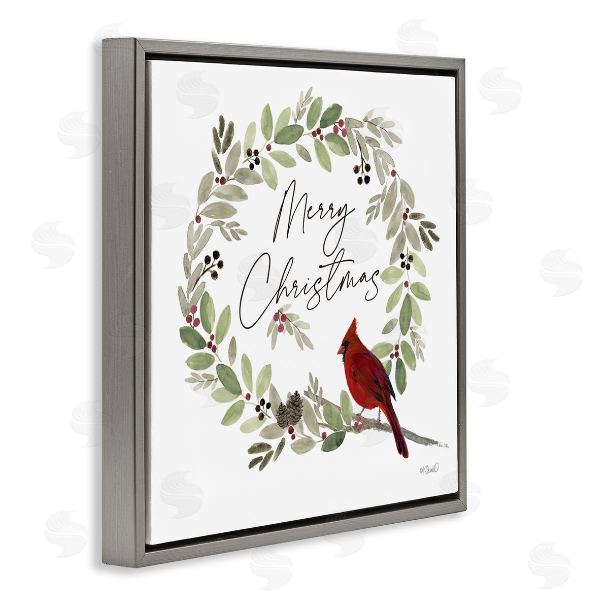 Kate Sherrill Merry Christmas Cardinal Gray Floating Frame Canvas Wall Art Print