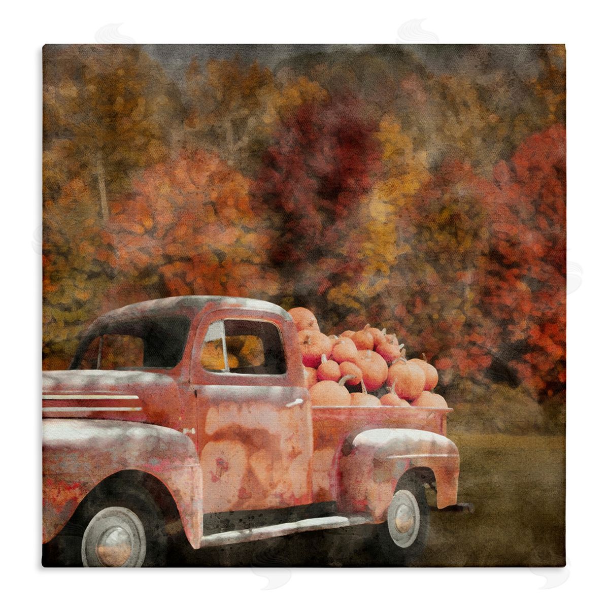 LSR Design Studio Fall Truck with Pumpkins Stretched Canvas Wall Art Print