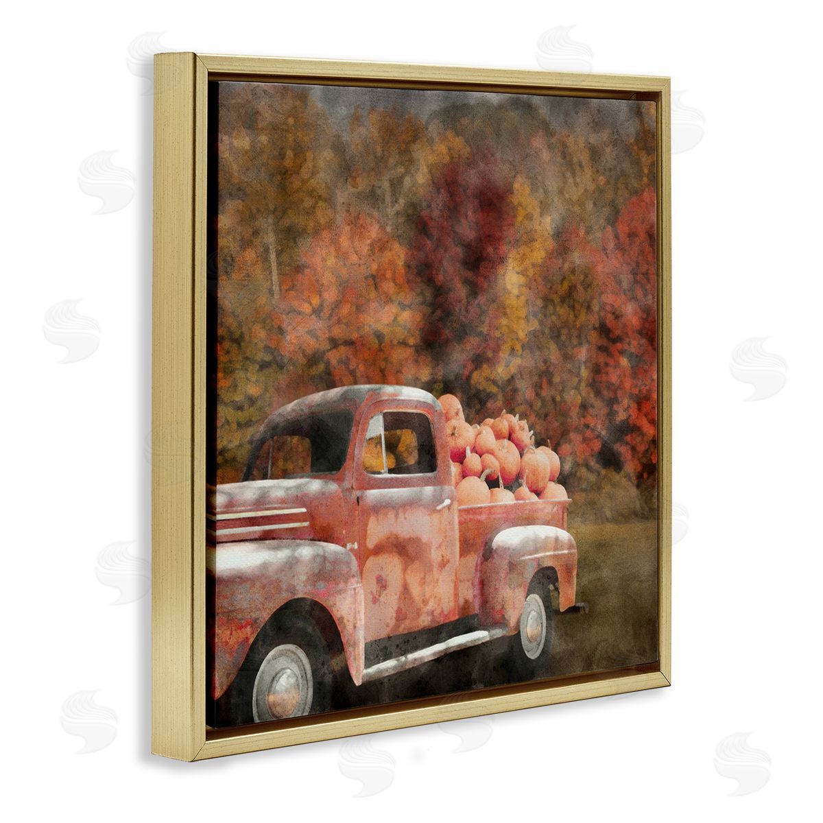 LSR Design Studio Fall Truck with Pumpkins Gold Floating Frame Canvas Wall Art Print