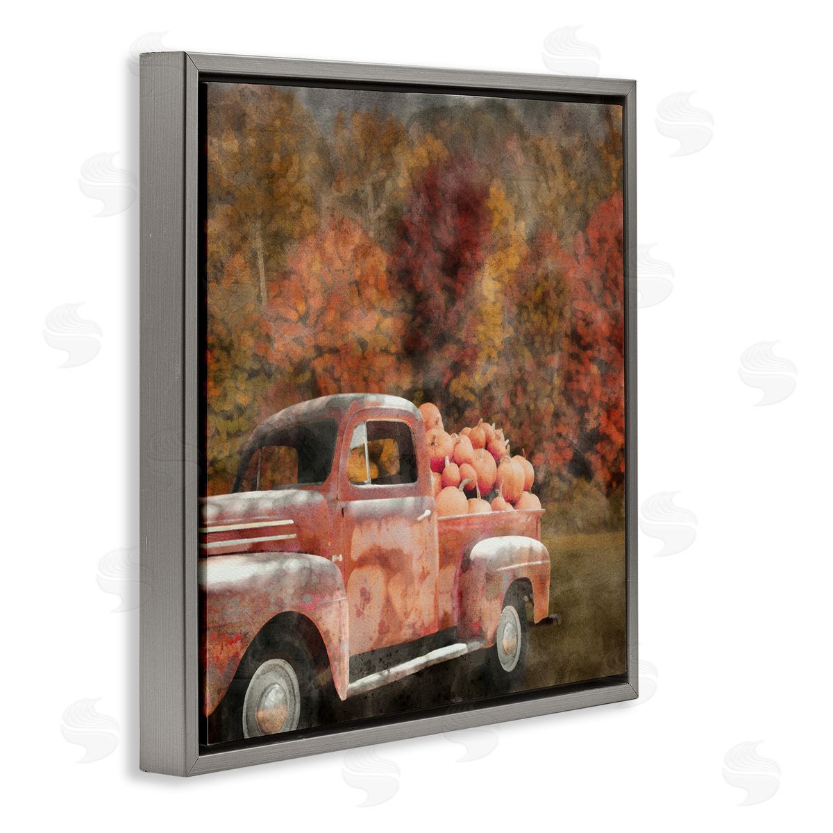 LSR Design Studio Fall Truck with Pumpkins Gray Floating Frame Canvas Wall Art Print