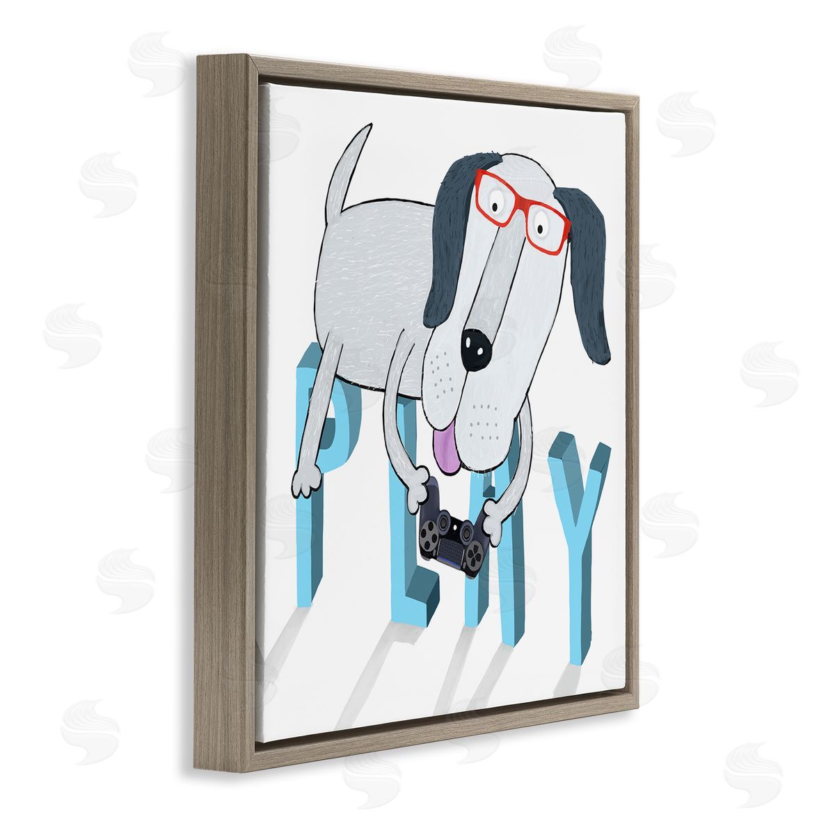 Carla Daly Dog Playing Video Games Brown Floating Frame Canvas Wall Art Print