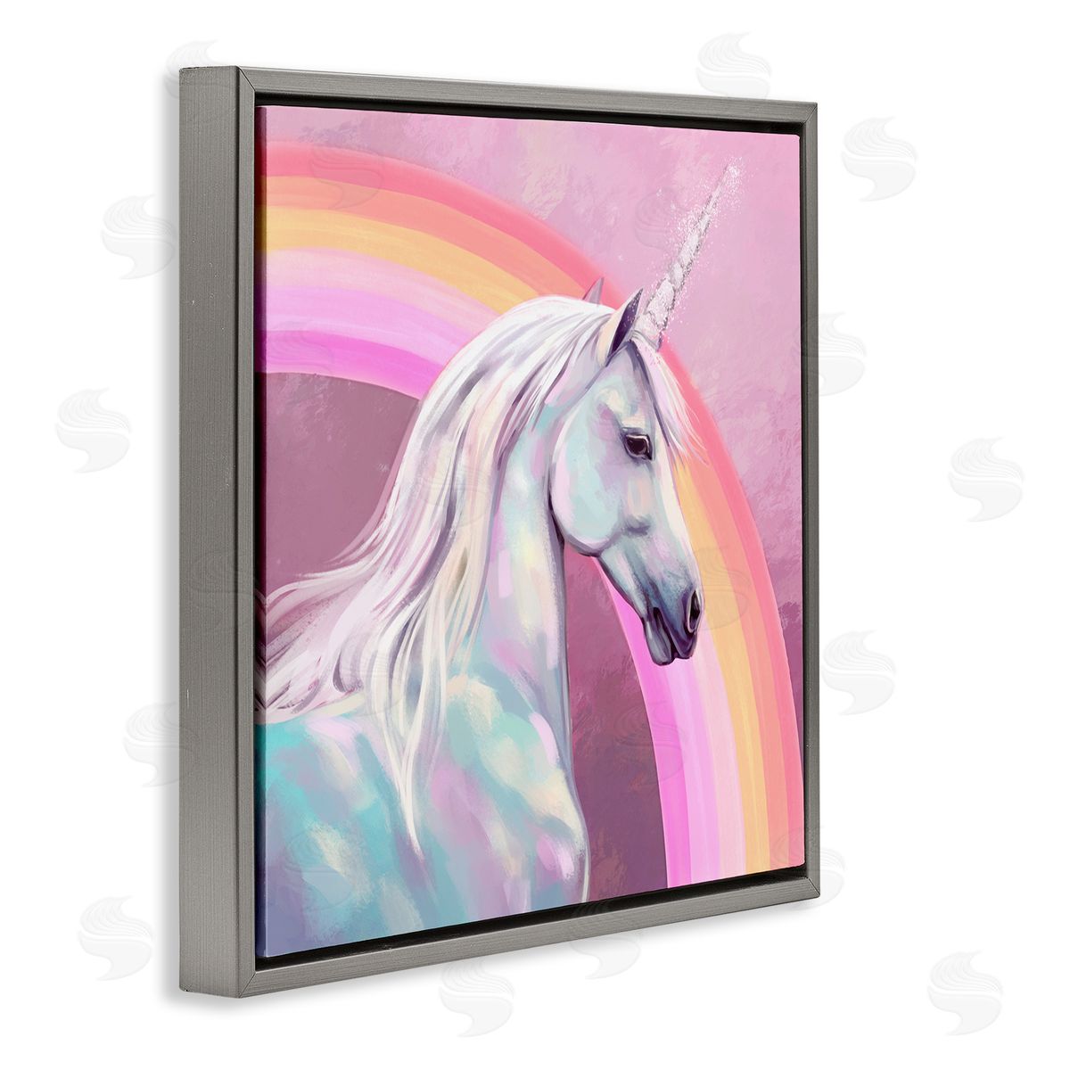 Ziwei Li Unicorn & Rainbow Portrait Gray Floating Frame Canvas Wall Art Print