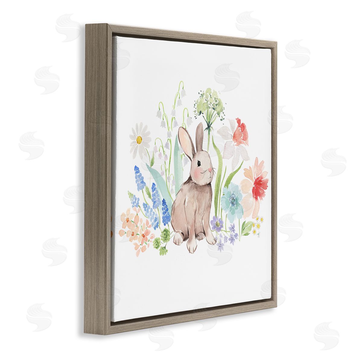 Heather Lee Chan Bunny in Flower Meadow Brown Floating Frame Canvas Wall Art Print