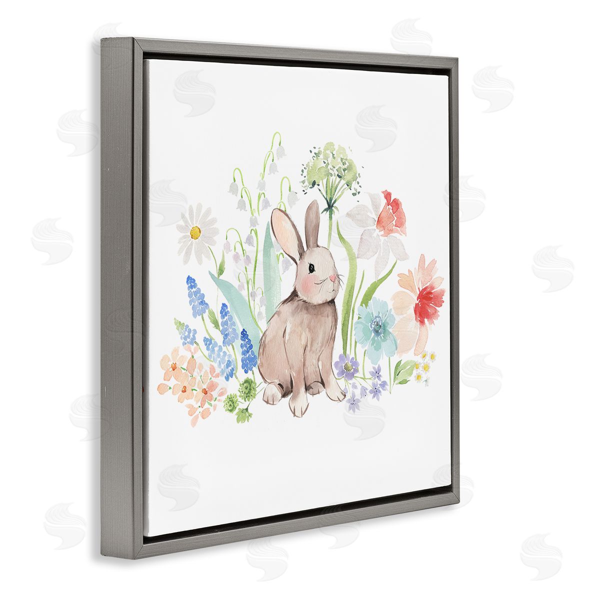Heather Lee Chan Bunny in Flower Meadow Gray Floating Frame Canvas Wall Art Print