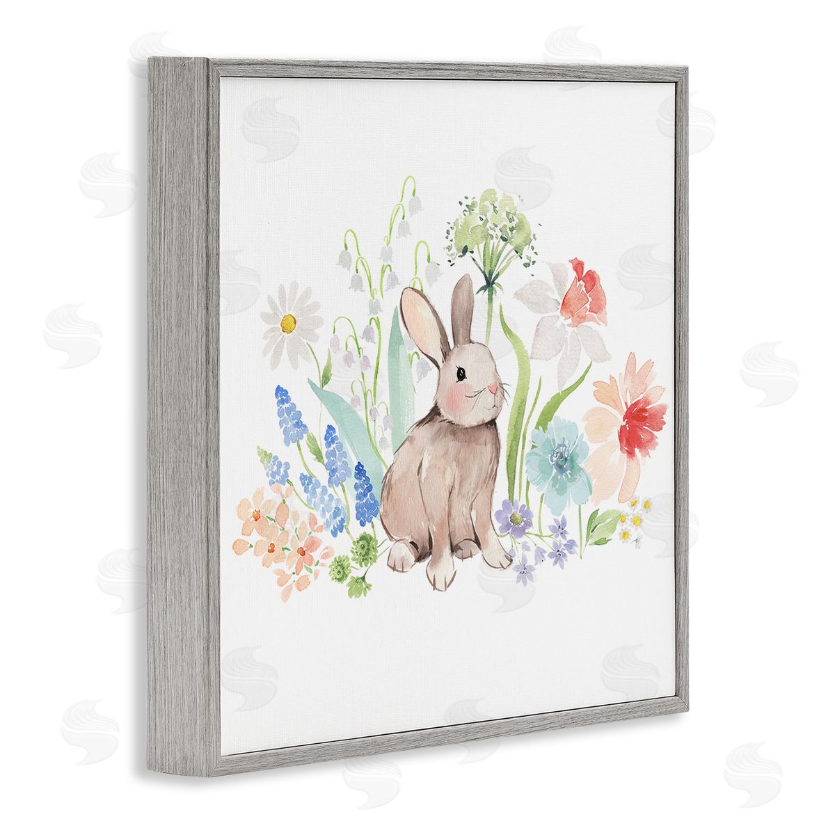Heather Lee Chan Bunny in Flower Meadow Gray Framed Glicee Wall Art Print