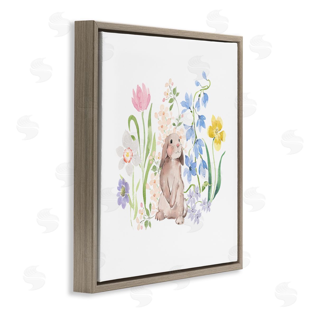 Heather Lee Chan Spring Flowers & Rabbit Brown Floating Frame Canvas Wall Art Print
