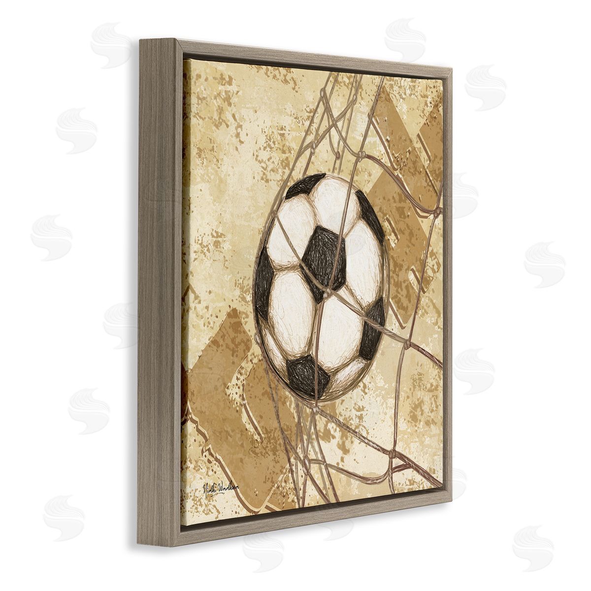 Nidhi Wadhwa Soccer Ball in Goal Brown Floating Frame Canvas Wall Art Print