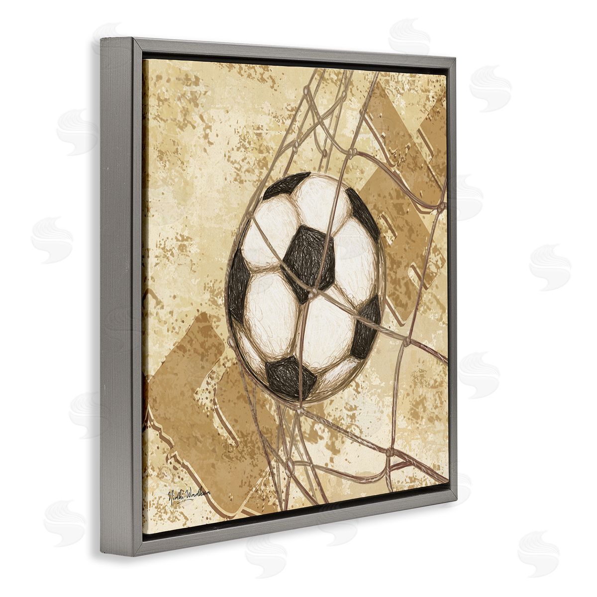Nidhi Wadhwa Soccer Ball in Goal Gray Floating Frame Canvas Wall Art Print