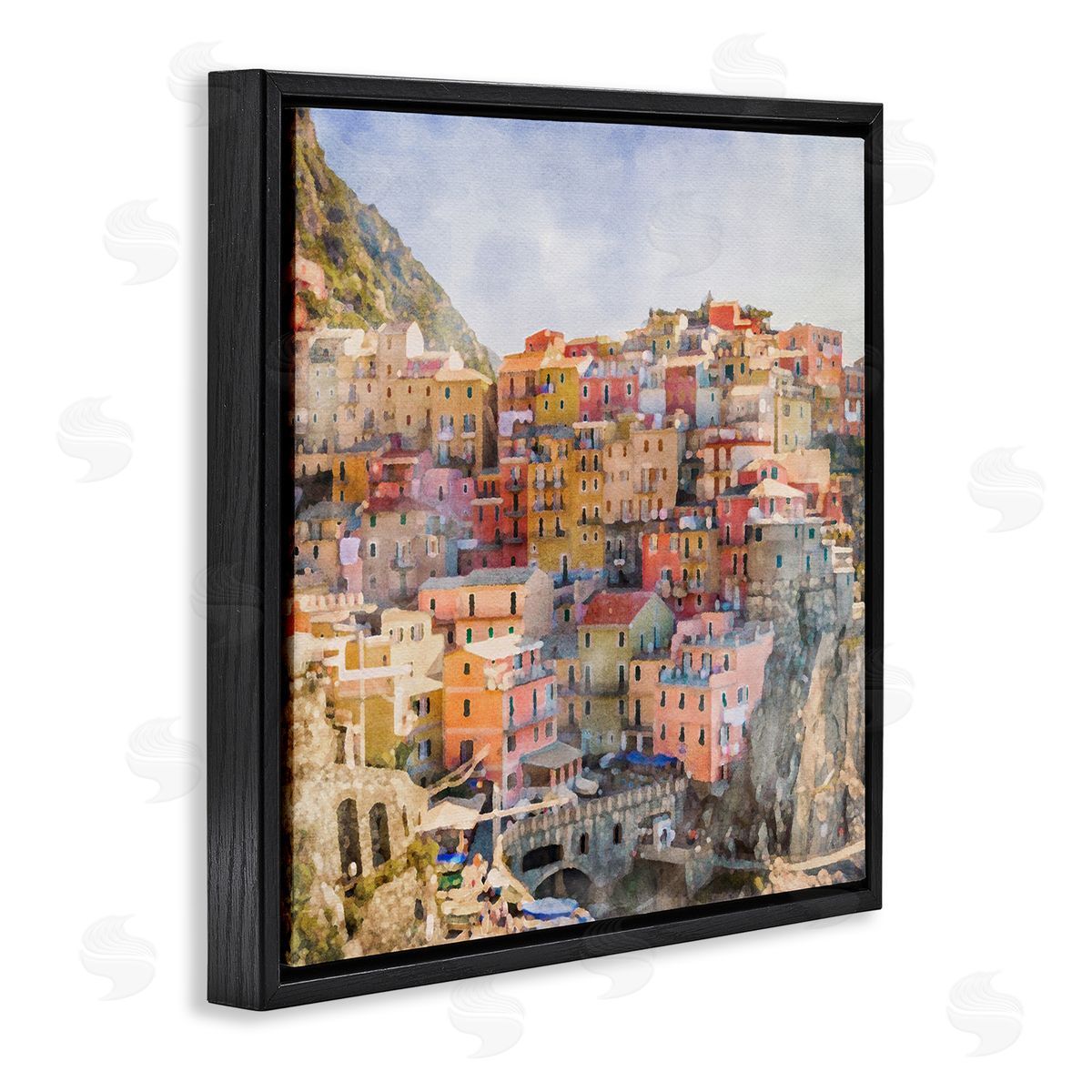 LSR Design Studio Coastal Italian Town Black Floating Frame Canvas Wall Art Print