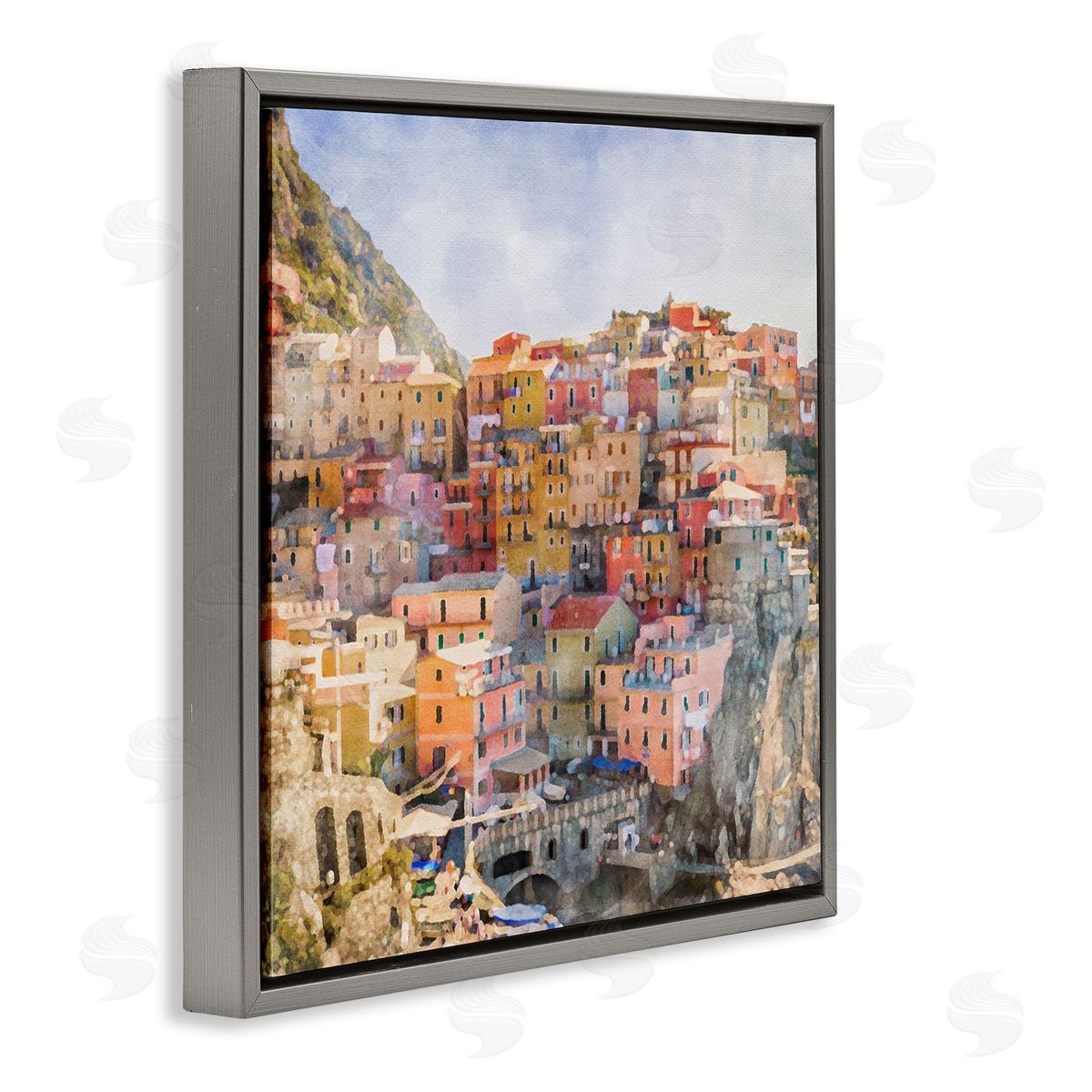 LSR Design Studio Coastal Italian Town Gray Floating Frame Canvas Wall Art Print