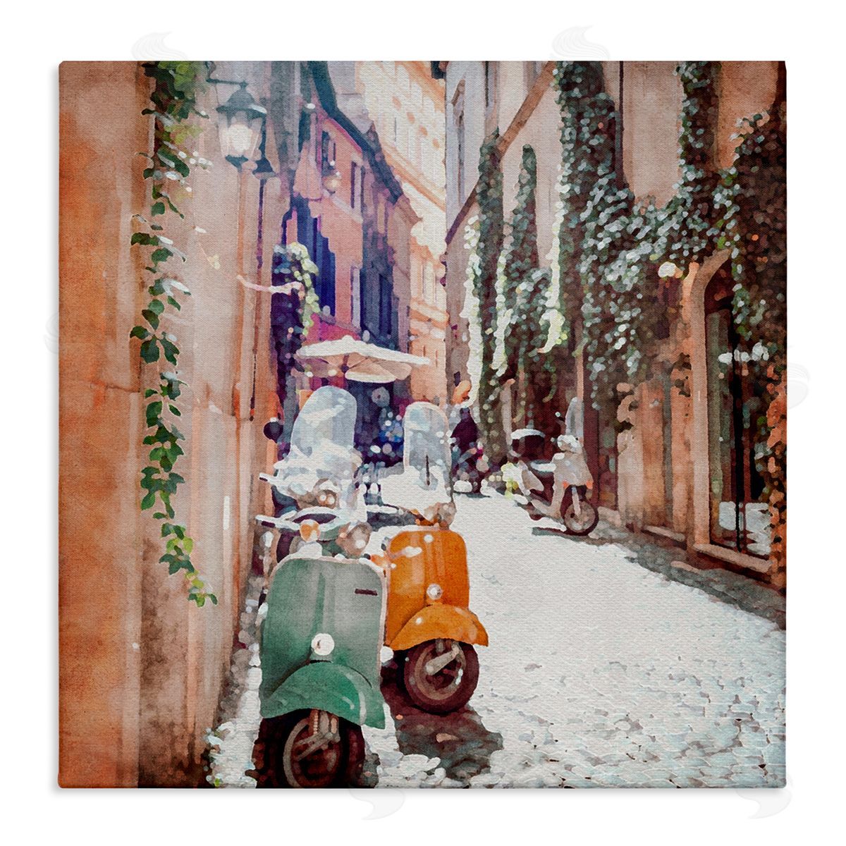 LSR Design Studio Mopeds on Italian Street Stretched Canvas Wall Art Print
