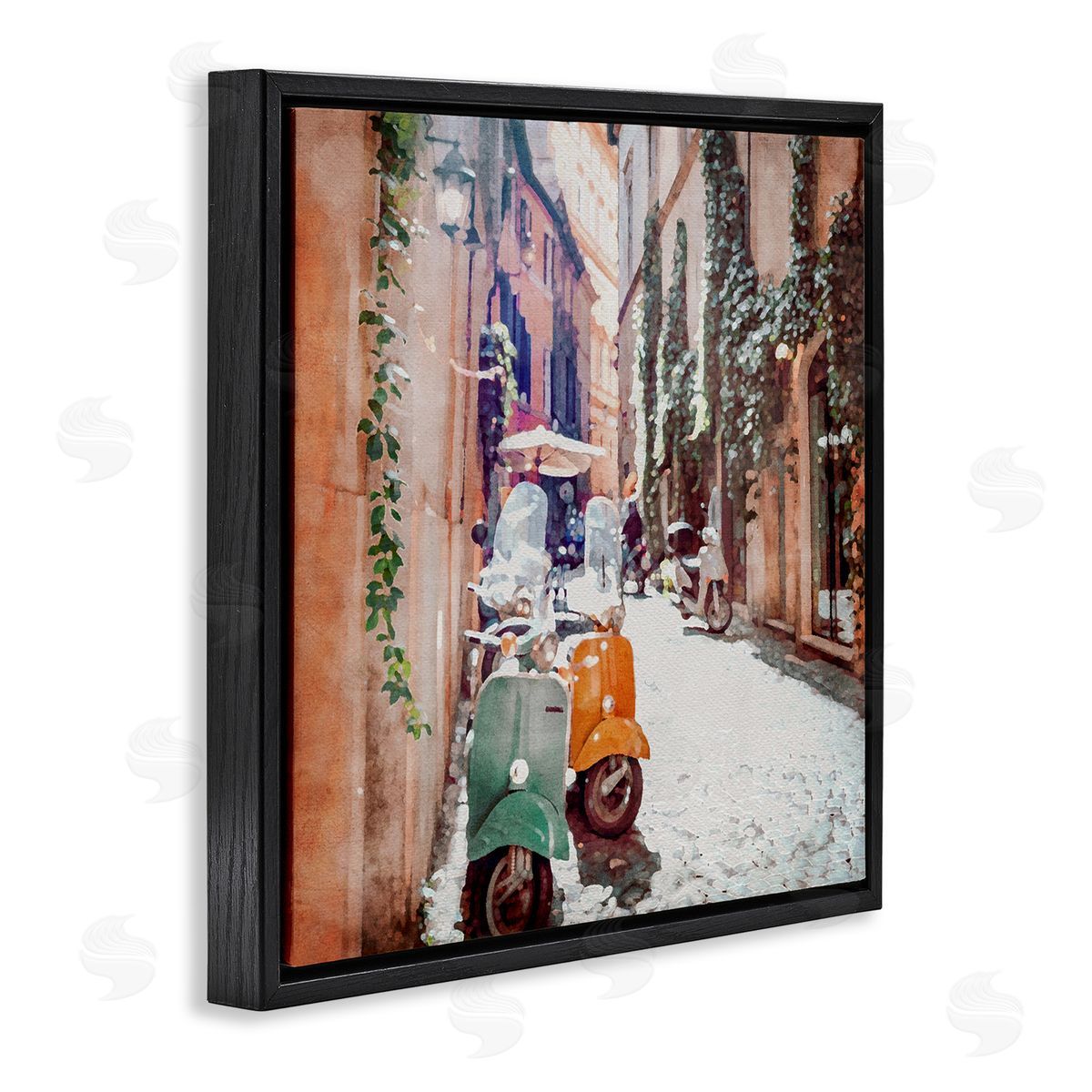 LSR Design Studio Mopeds on Italian Street Black Floating Frame Canvas Wall Art Print