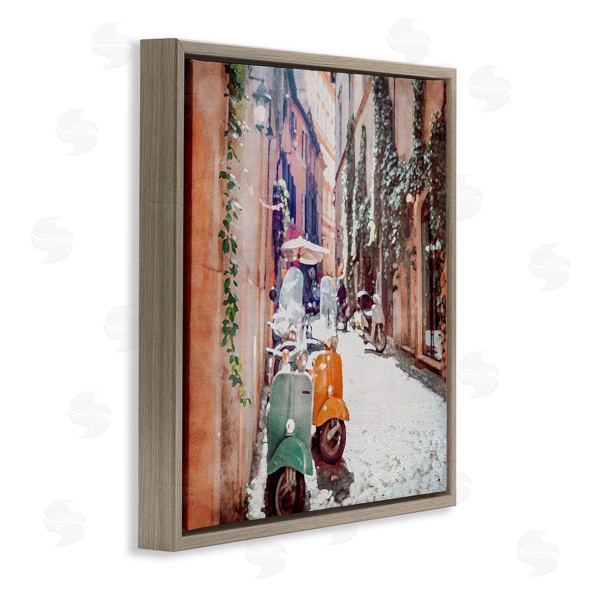 LSR Design Studio Mopeds on Italian Street Brown Floating Frame Canvas Wall Art Print