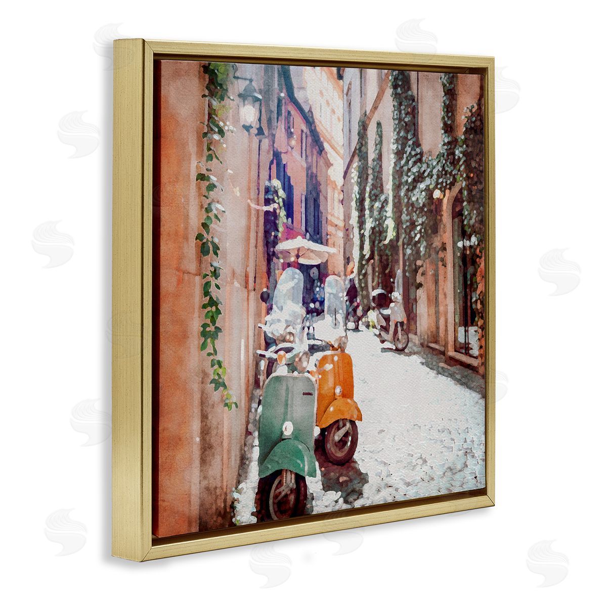 LSR Design Studio Mopeds on Italian Street Gold Floating Frame Canvas Wall Art Print