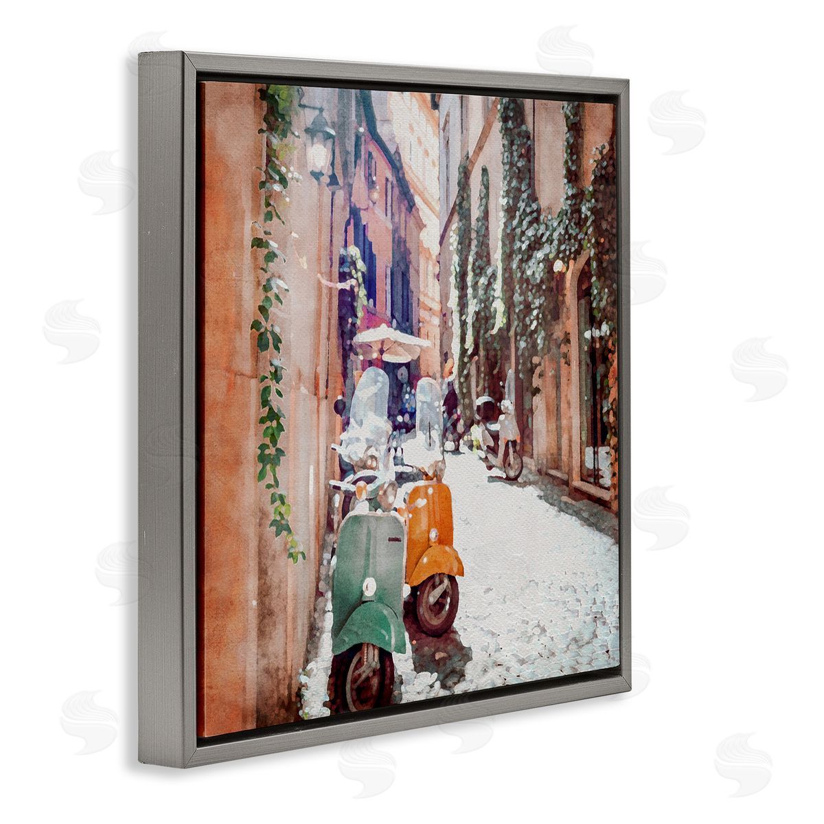 LSR Design Studio Mopeds on Italian Street Gray Floating Frame Canvas Wall Art Print