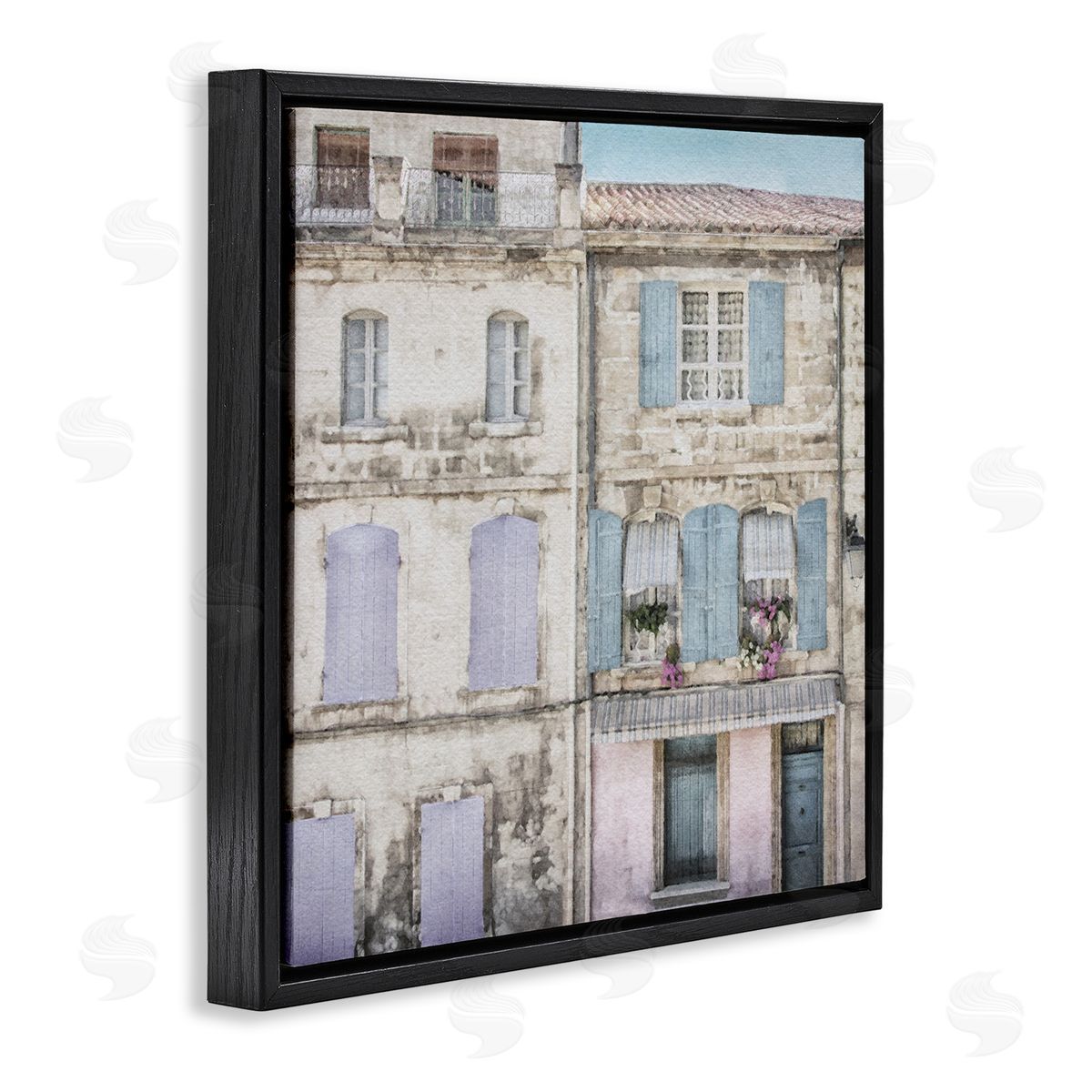 LSR Design Studio Urban Pastel Buildings Black Floating Frame Canvas Wall Art Print
