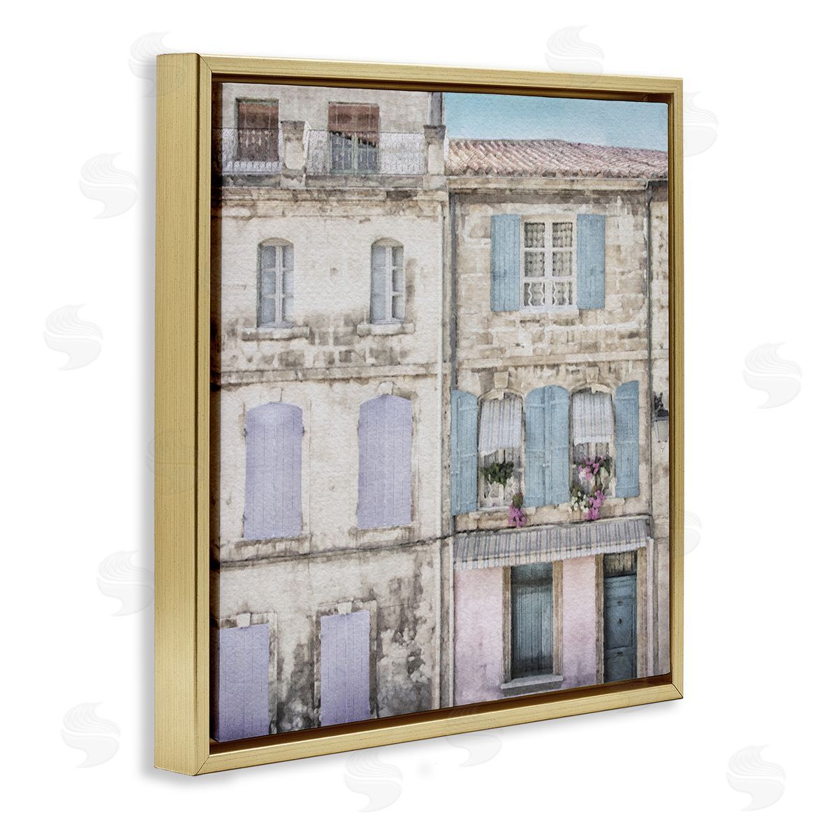 LSR Design Studio Urban Pastel Buildings Gold Floating Frame Canvas Wall Art Print