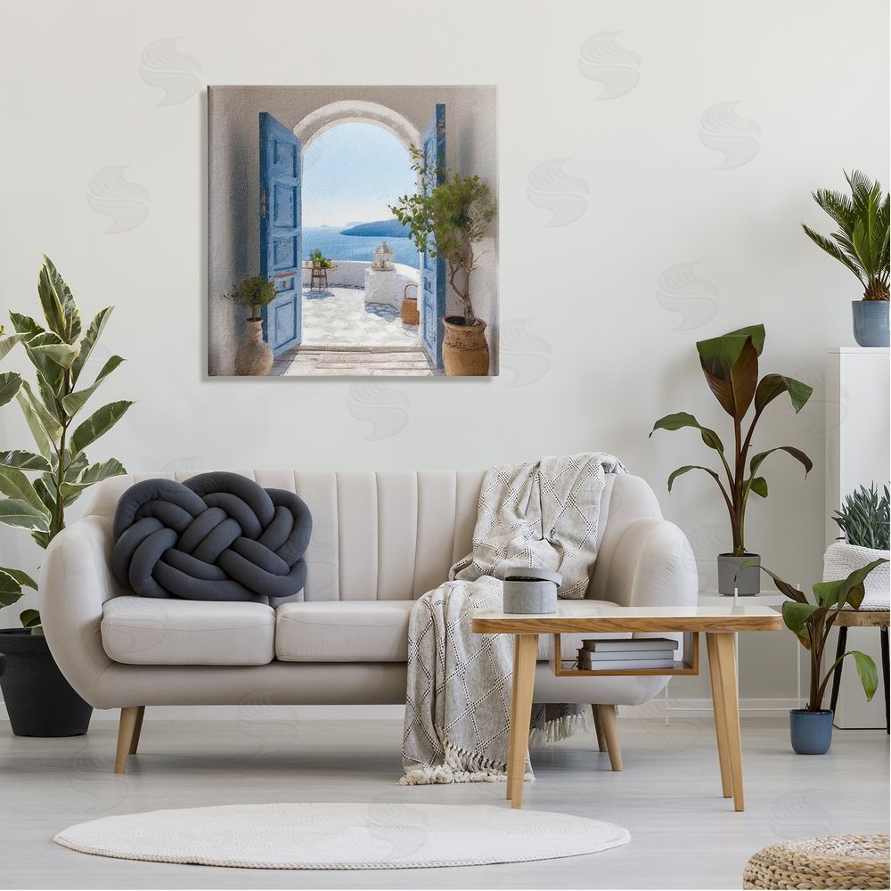 LSR Design Studio Blue Greek Door Scenery Canvas Wall Art in Room