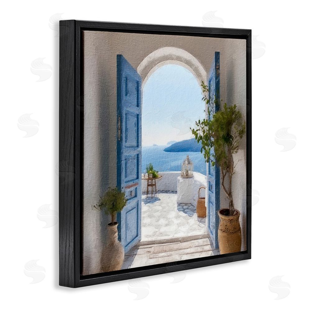 LSR Design Studio Blue Greek Door Scenery Black Floating Frame Canvas Wall Art Print