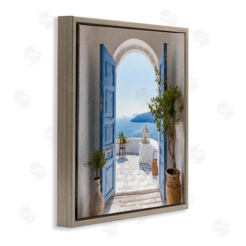 LSR Design Studio Blue Greek Door Scenery Brown Floating Frame Canvas Wall Art Print