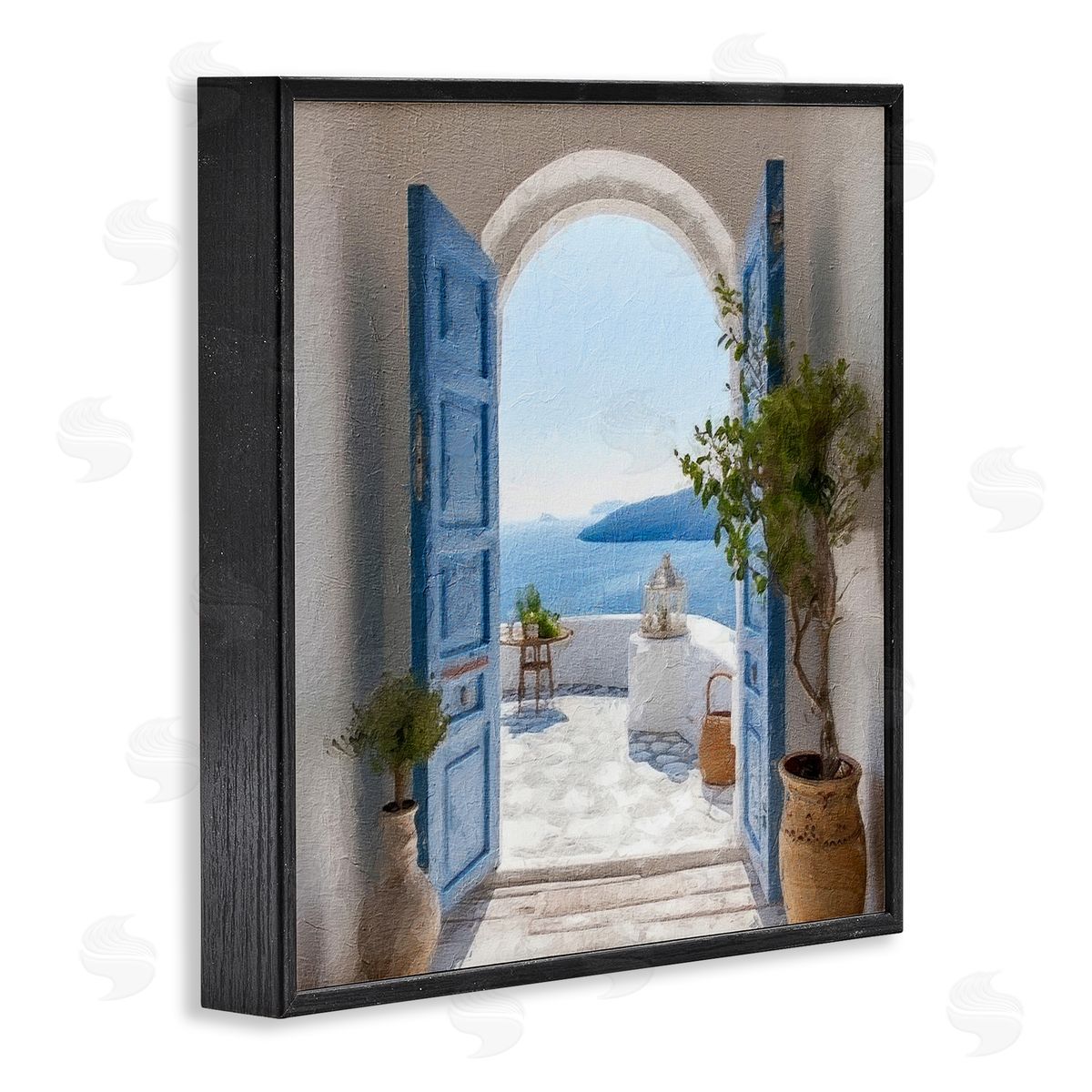 LSR Design Studio Blue Greek Door Scenery Black Framed Glicee Wall Art Print