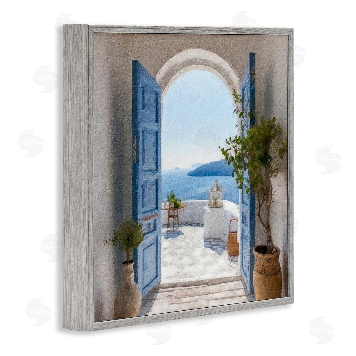 LSR Design Studio Blue Greek Door Scenery Gray Framed Glicee Wall Art Print
