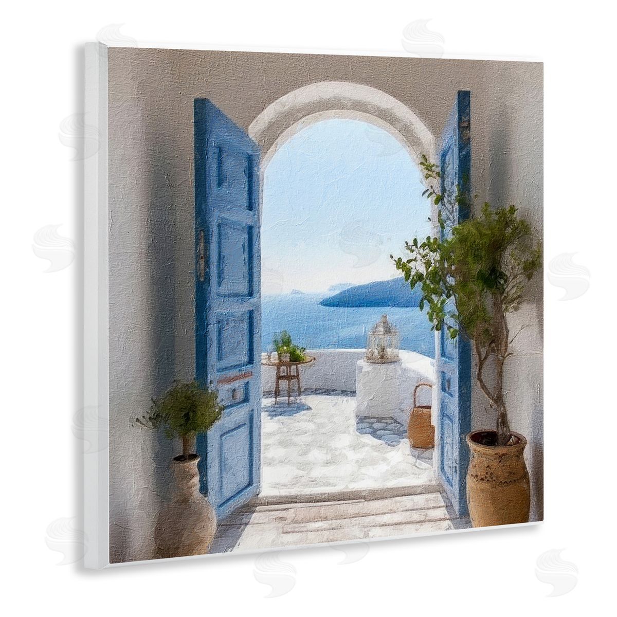 LSR Design Studio Blue Greek Door Scenery Wooden Wall Plaque Art Print