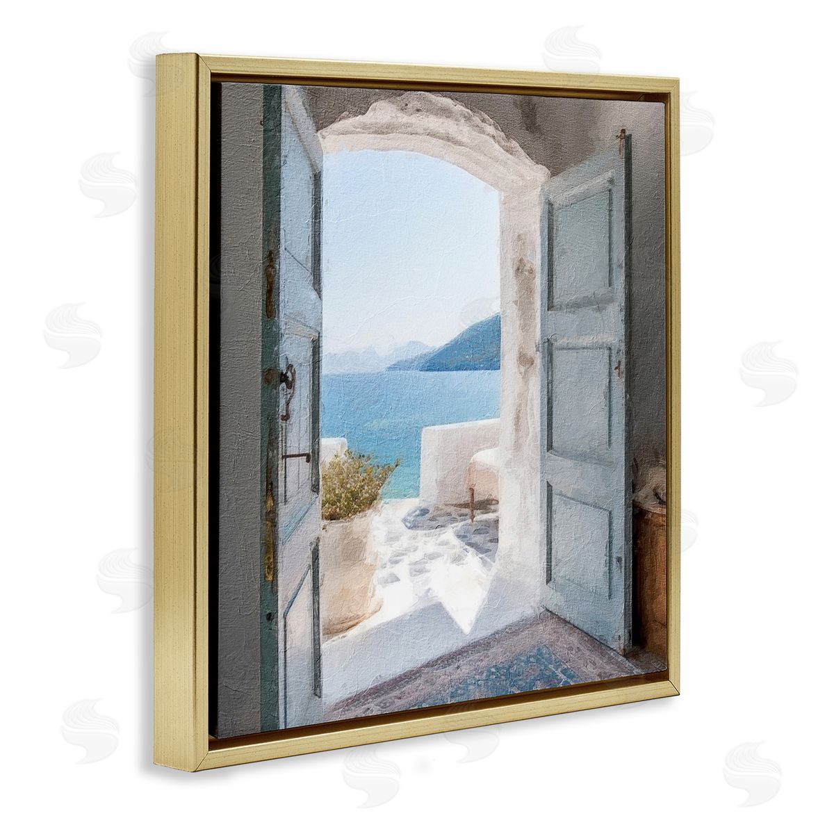 LSR Design Studio Coastal Greek Villa Gold Floating Frame Canvas Wall Art Print