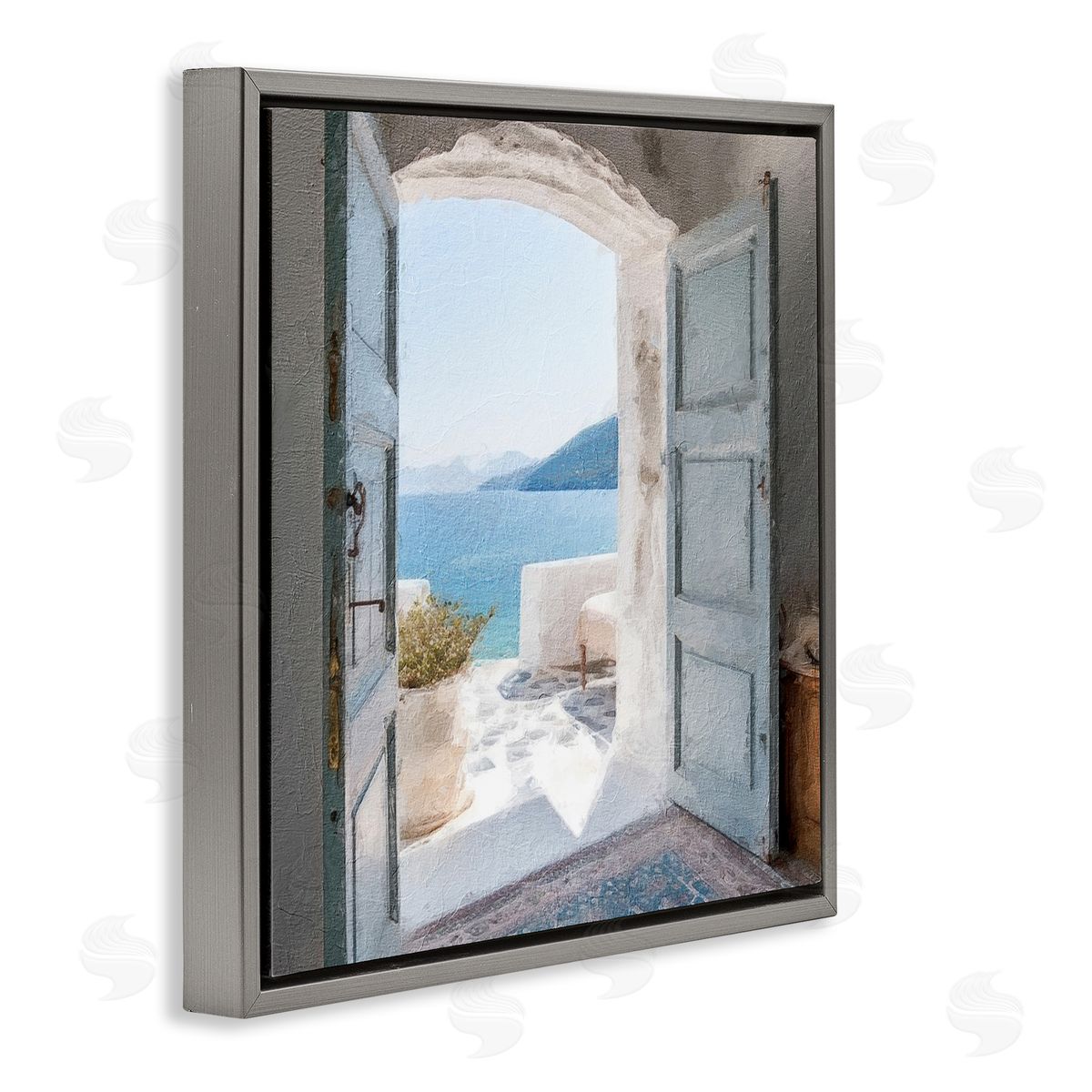 LSR Design Studio Coastal Greek Villa Gray Floating Frame Canvas Wall Art Print